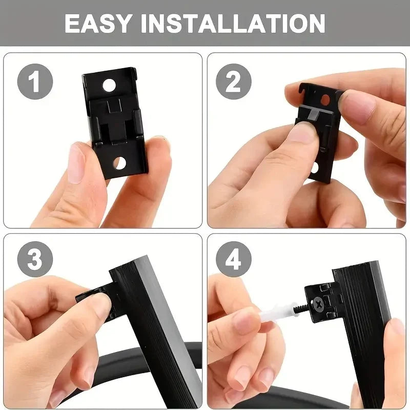 Four steps showing the easy installation of a black flexible bendable curtain track system.