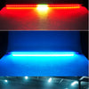An RGB LED light strip is shown illuminating a car's front, demonstrating its use as a scanner light.