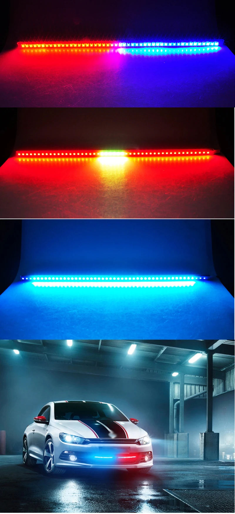 An RGB LED light strip is shown illuminating a car's front, demonstrating its use as a scanner light.