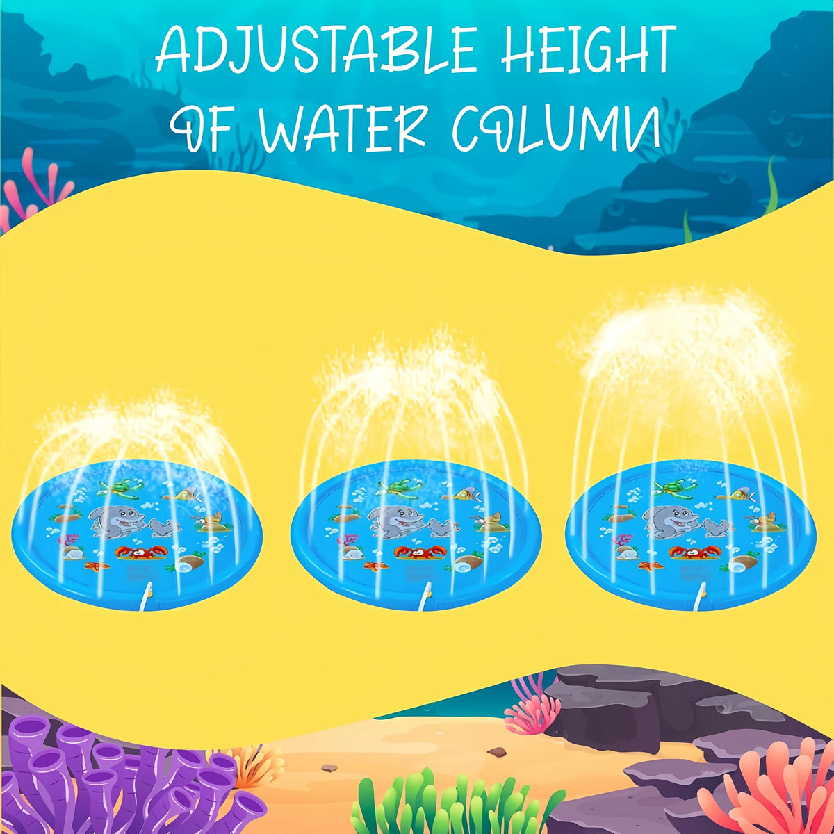 Adjustable height of water column demonstration showing a splash pad with varying water heights.