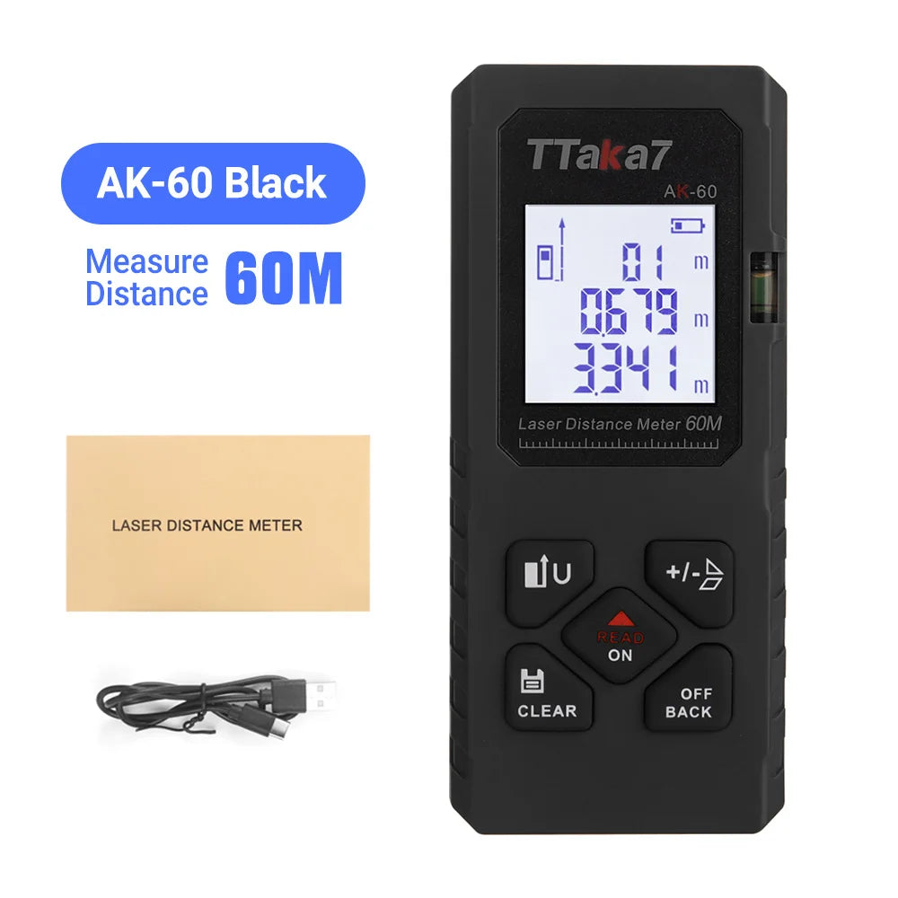 Black TTaka7 laser distance meter displaying 0.01m and 3341m measurements