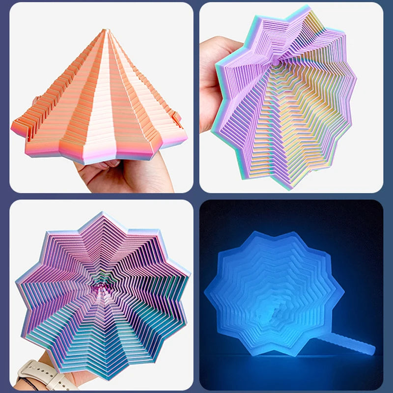 Three views of a pink and purple 3D illusion fidget star toy showing its spiral structure.
