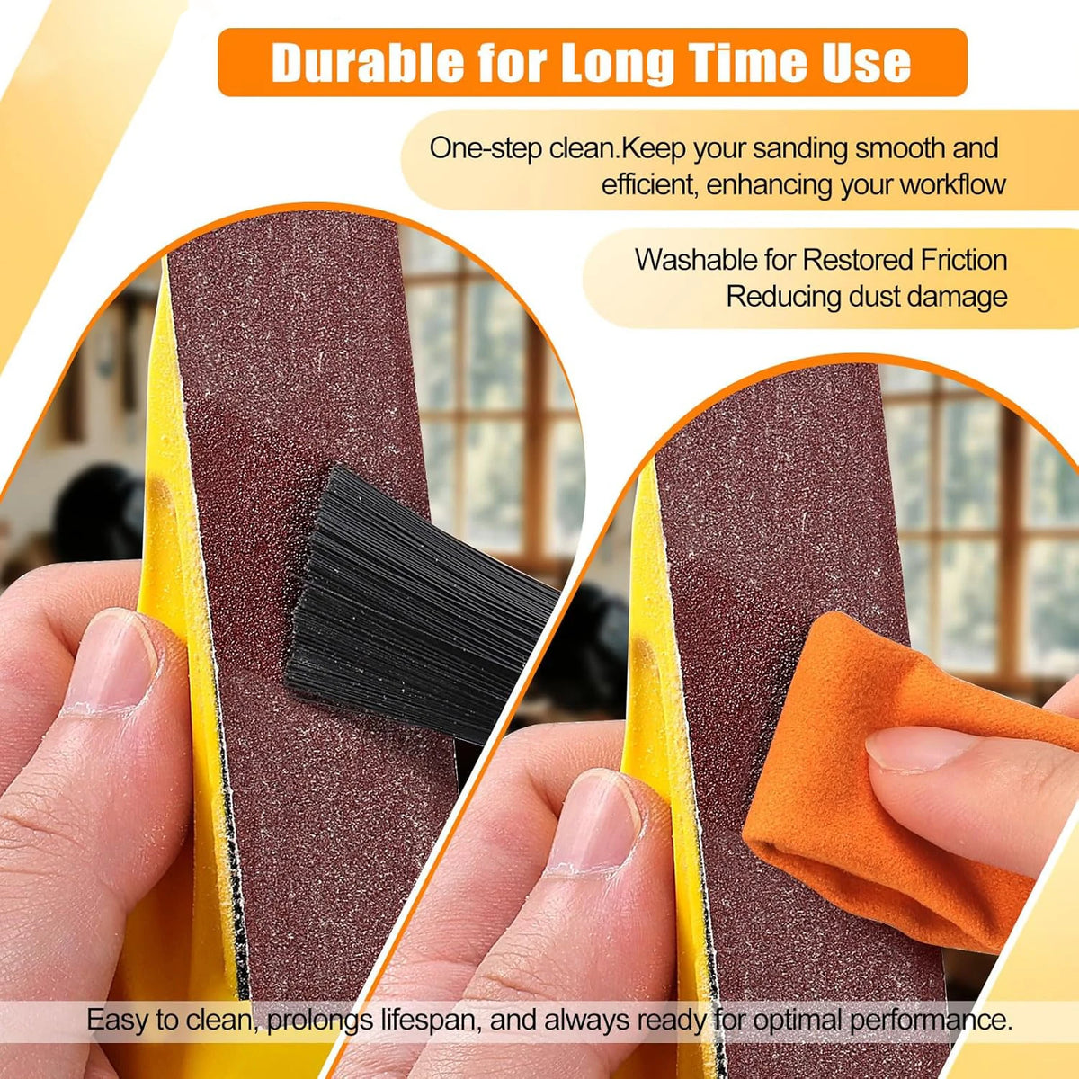 A close-up of a multi-grinder kit with precision sandpaper set showing the sanding block and an orange cloth for cleaning.