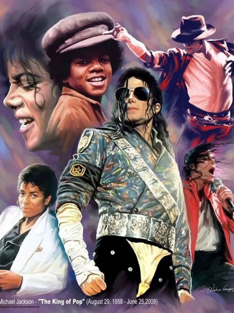 A collage featuring Michael Jackson in various styles and poses, used as context for a diamond painting kit.