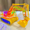 A transparent gear excavator toy with yellow and orange components and LED lights on a white surface.