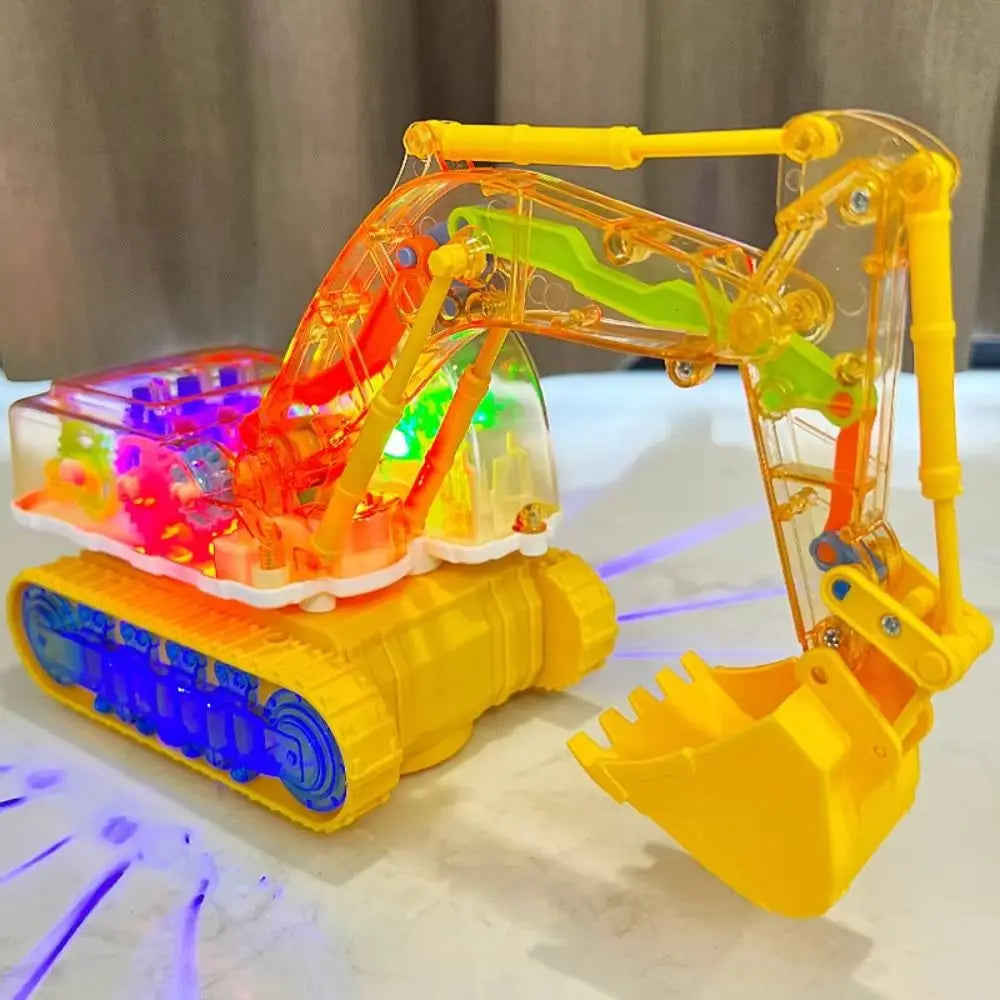 A transparent gear excavator toy with yellow and orange components and LED lights on a white surface.