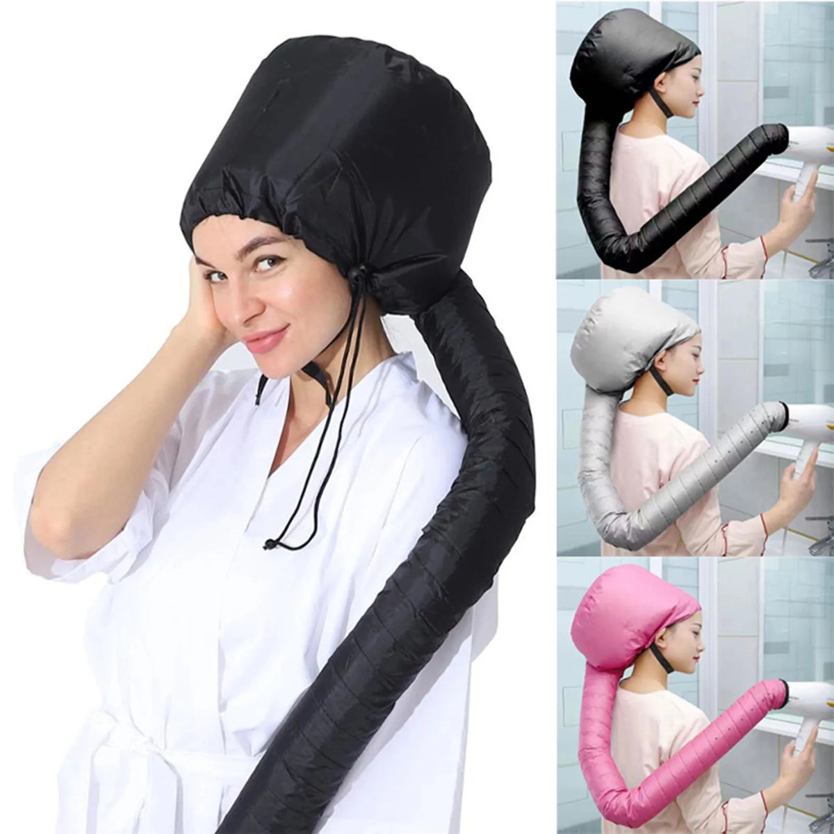 A woman wearing a black reusable hair drying and conditioning cap, demonstrating its use.