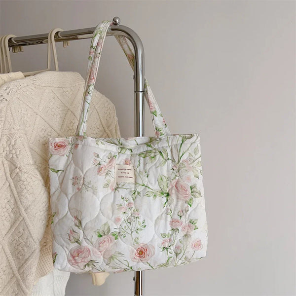 Quilted Floral Cotton Tote Bag with Padded Handle