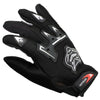Black full finger nylon riding gloves with anti-slip grip shown from above
