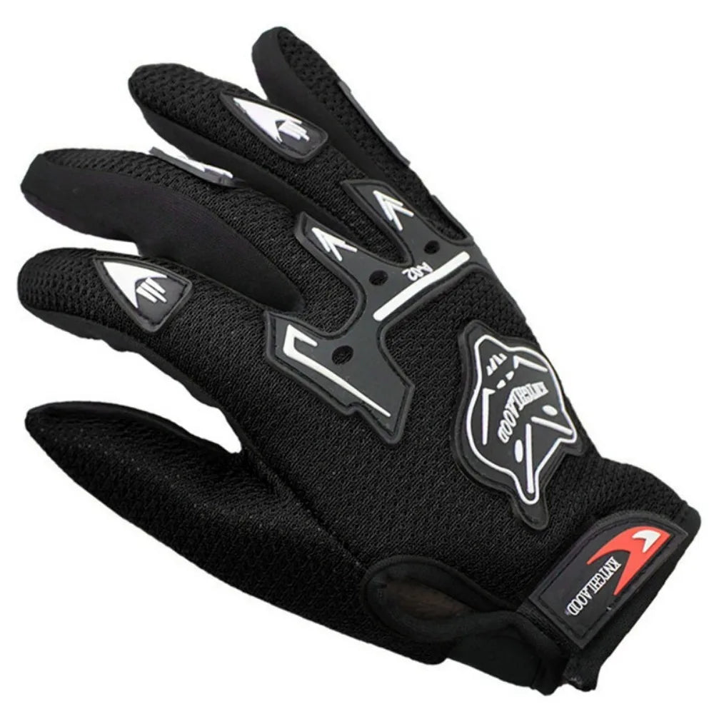 Black full finger nylon riding gloves with anti-slip grip shown from above