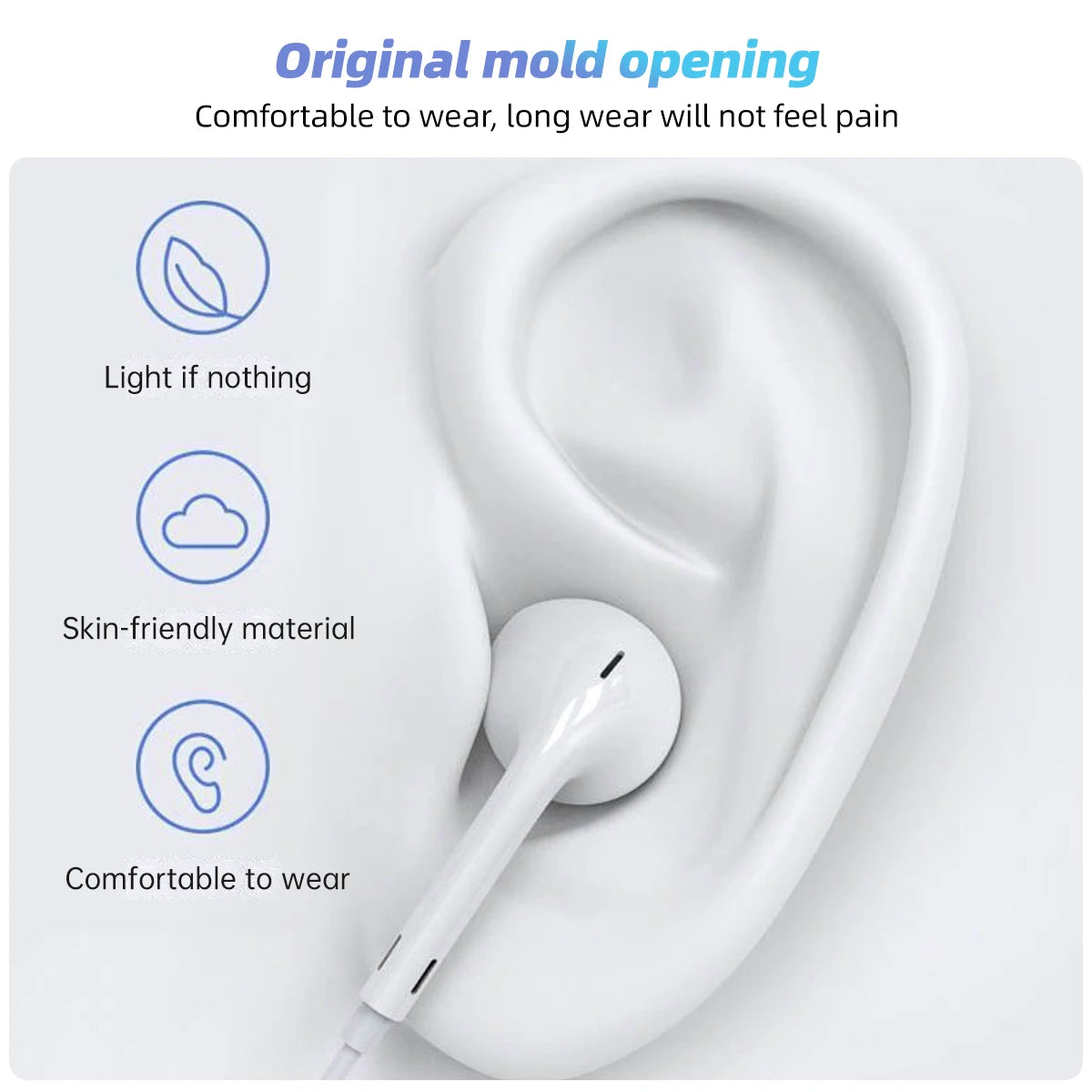 White USB-C wired earphones with an inline mic shown inside a human ear for comfort and wear