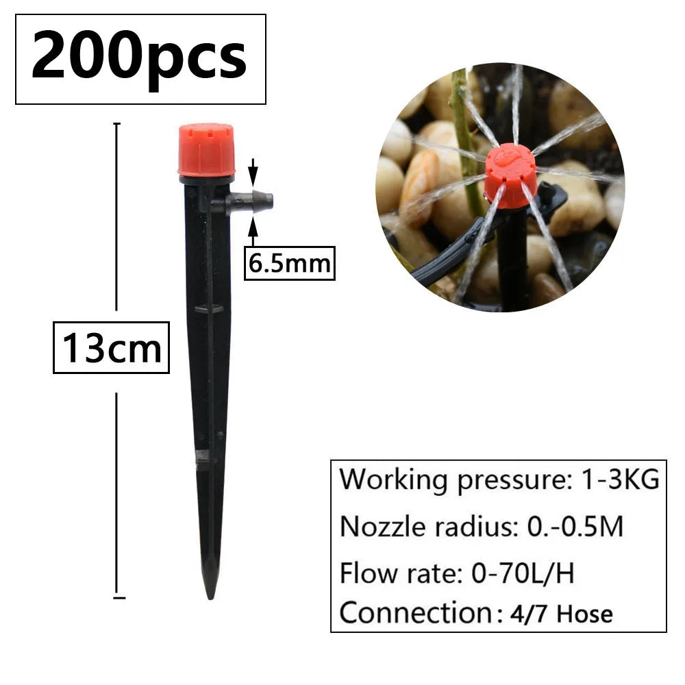 A black drip irrigation kit with a 13cm length and a 6.5mm nozzle, featuring an orange component for controlled watering.