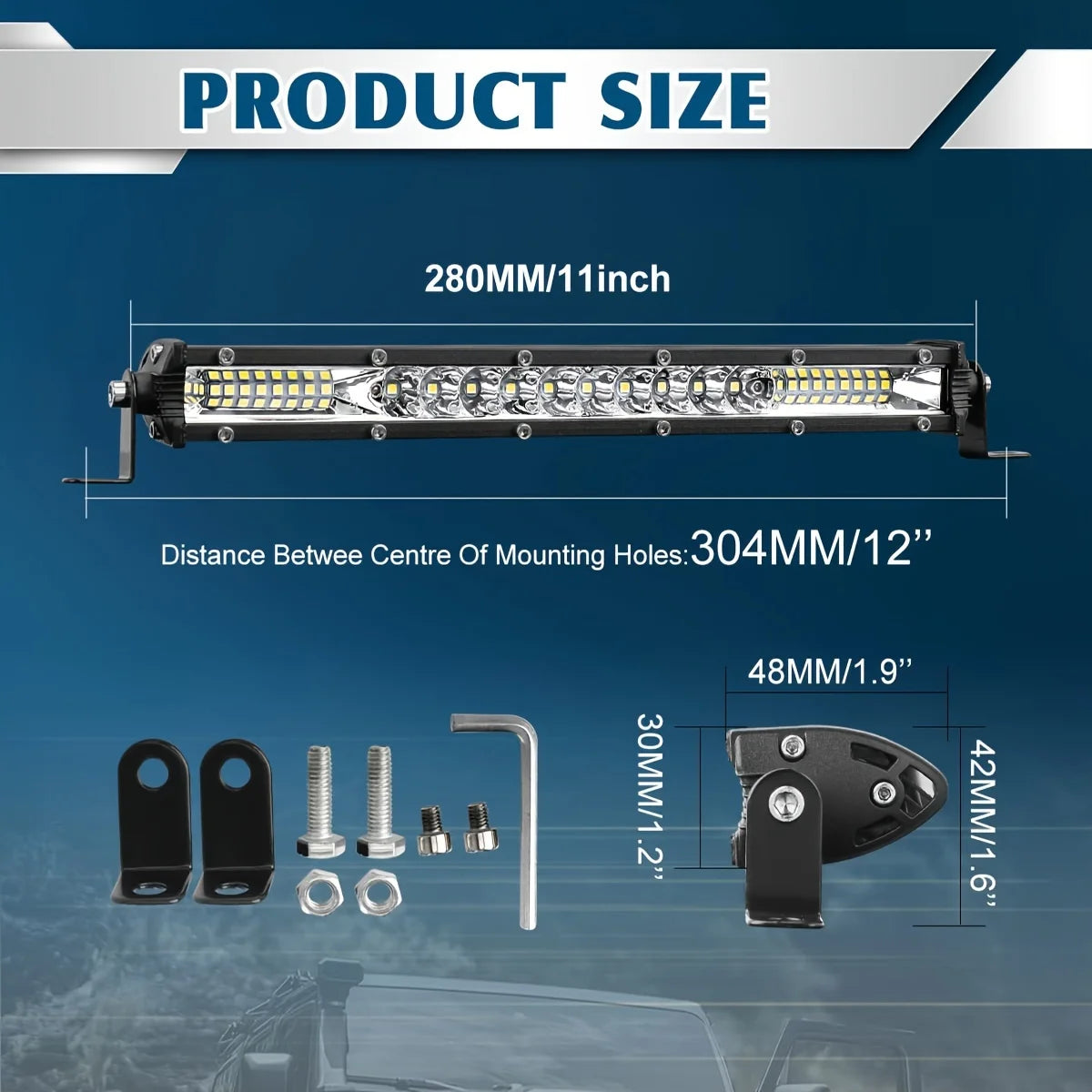 Leistungsstarke LED-Lichtleiste mit 280mm Länge und 304mm Abstand für Geländefahrzeuge.
