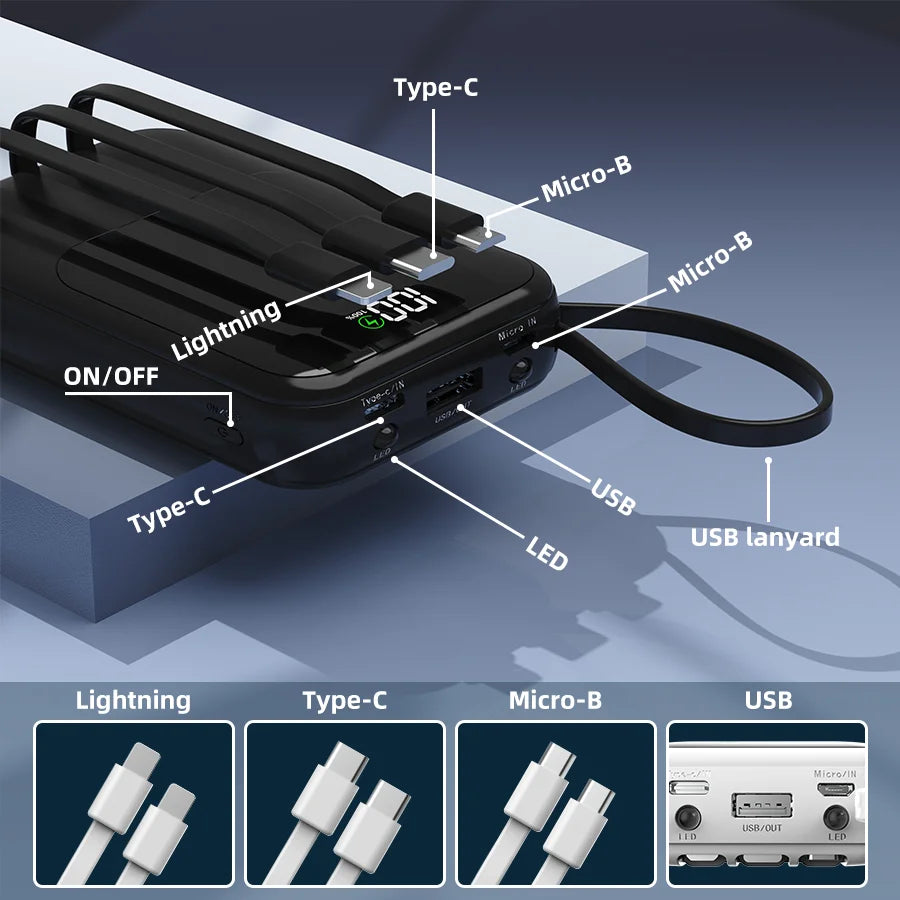 Schwarzer tragbarer Powerbank mit verschiedenen Anschlüssen wie Type-C, Micro-B, Lightning und USB-Anschlüssen.