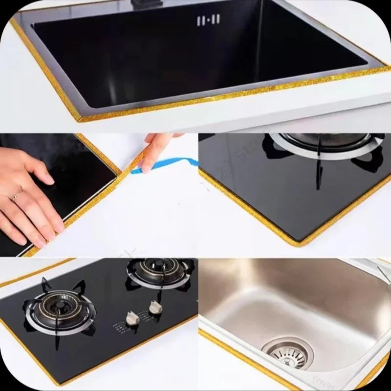 Close-up view of waterproof self-adhesive tile gap tape strips used for decorative seams on a black stovetop and stainless st