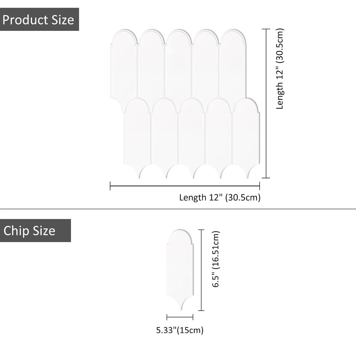 A set of premium thick peel-and-stick 3D backsplash tiles shown with dimensions for size and chip.