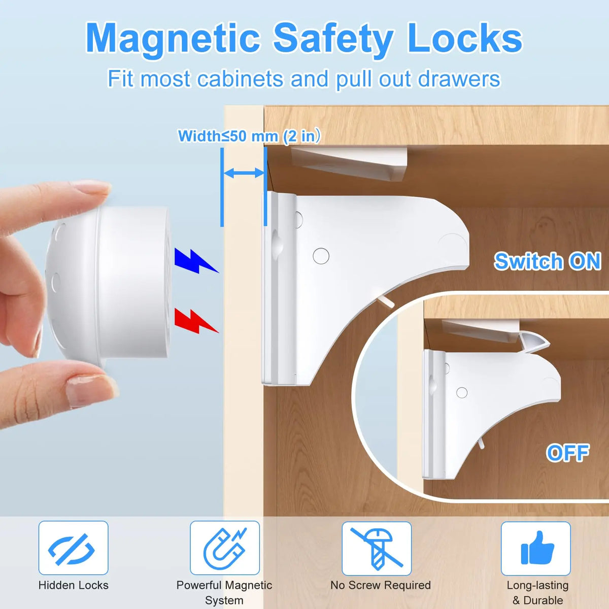 Close-up view of magnetic safety locks being installed on a cabinet drawer, demonstrating switch ON and OFF functionality.