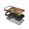 A black phone case featuring a colorful ladybug swirl design, placed above a silver smartphone.
