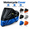 A black motorcycle cover shown folded, with various color options including blue, silver, and orange.