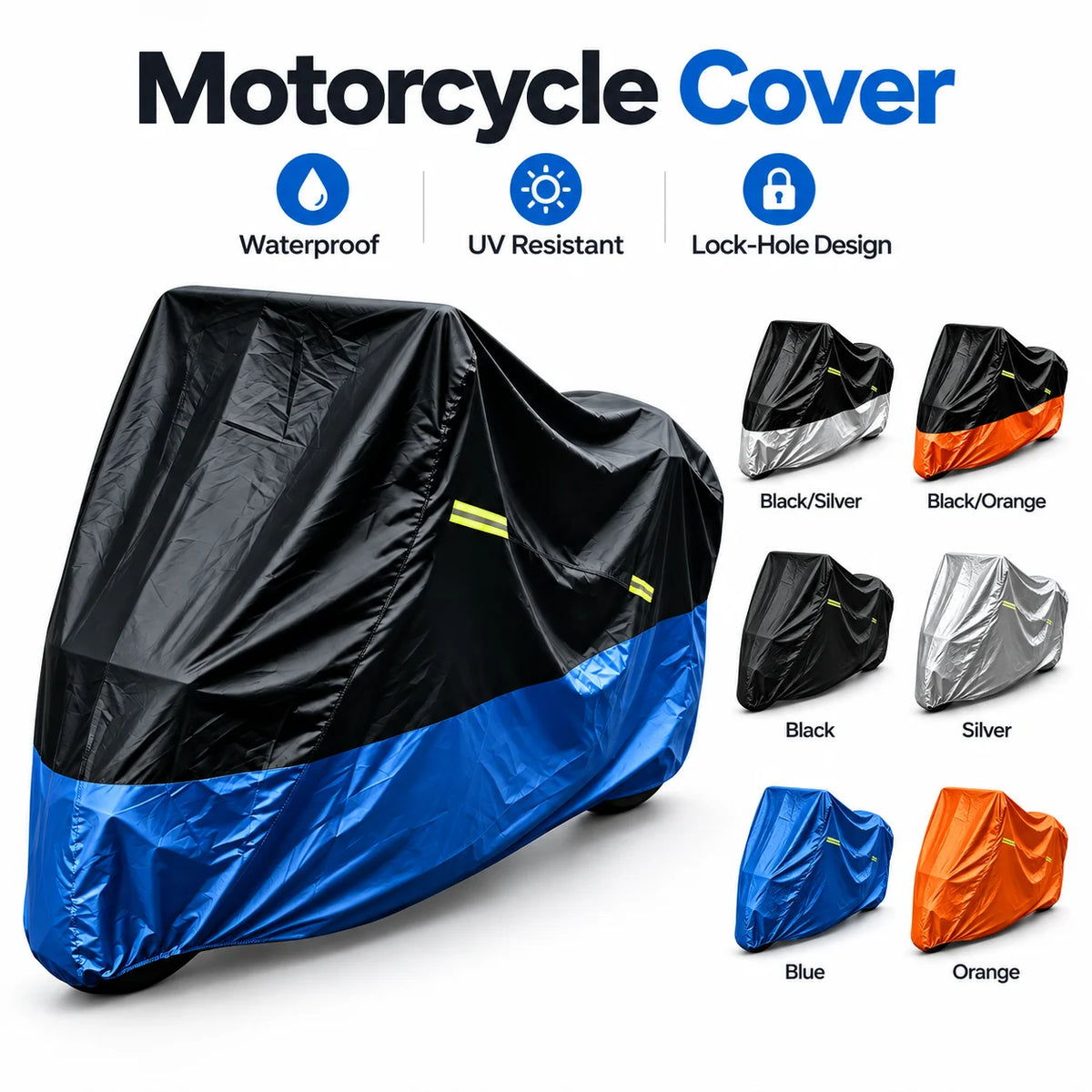 A black motorcycle cover shown folded, with various color options including blue, silver, and orange.