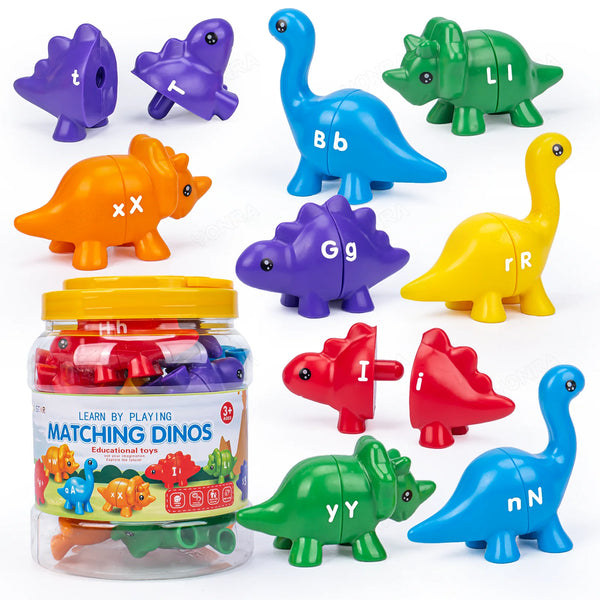 Colección de juguetes de dinosaurios coloridos en varios colores y formas, incluyendo dinosaurios morados, naranjas, verdes y