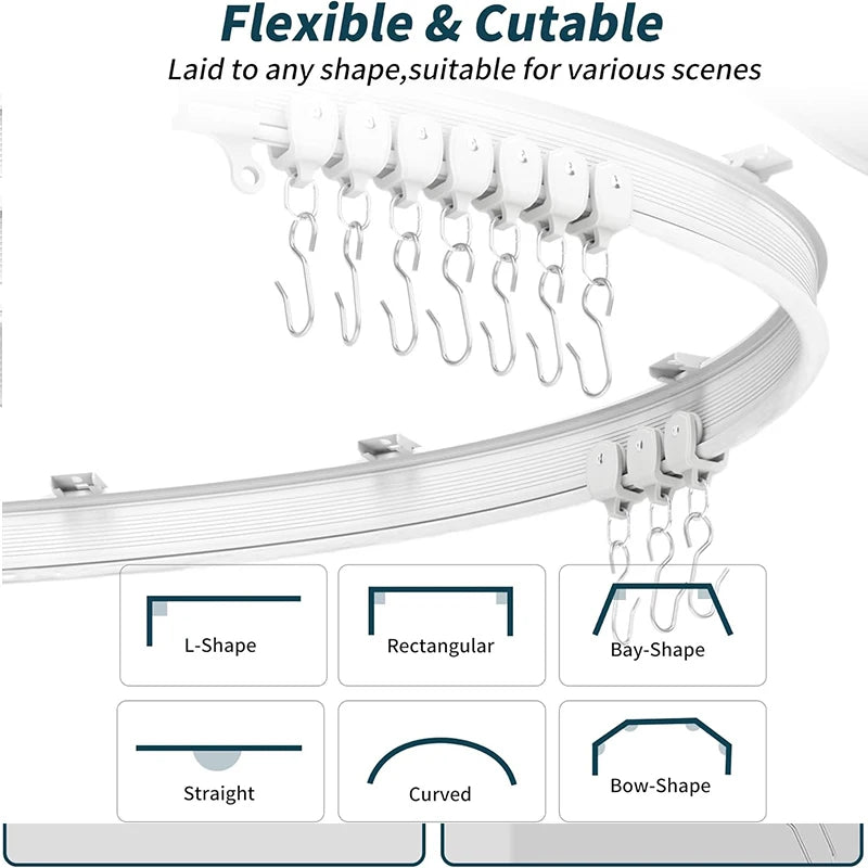 White flexible curtain track kit with various shaped hooks for versatile use