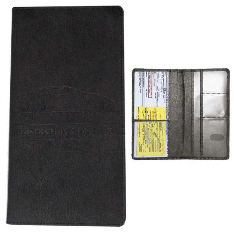 Black slim card holder wallet for vehicle registration, license, and insurance cards.