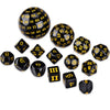 A set of fifteen polyhedral dice in black and yellow colors arranged on a white background.