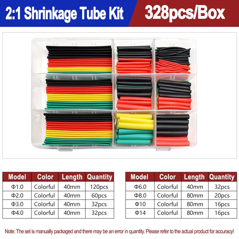 A box of heat shrink tubing kit containing various colored and sized tubing for shrinking applications.