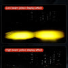 Display effect comparison showing low beam yellow and high beam yellow light patterns on a road surface.