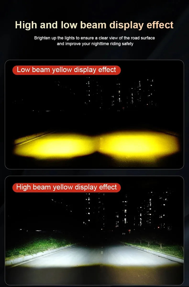 Display effect comparison showing low beam yellow and high beam yellow light patterns on a road surface.