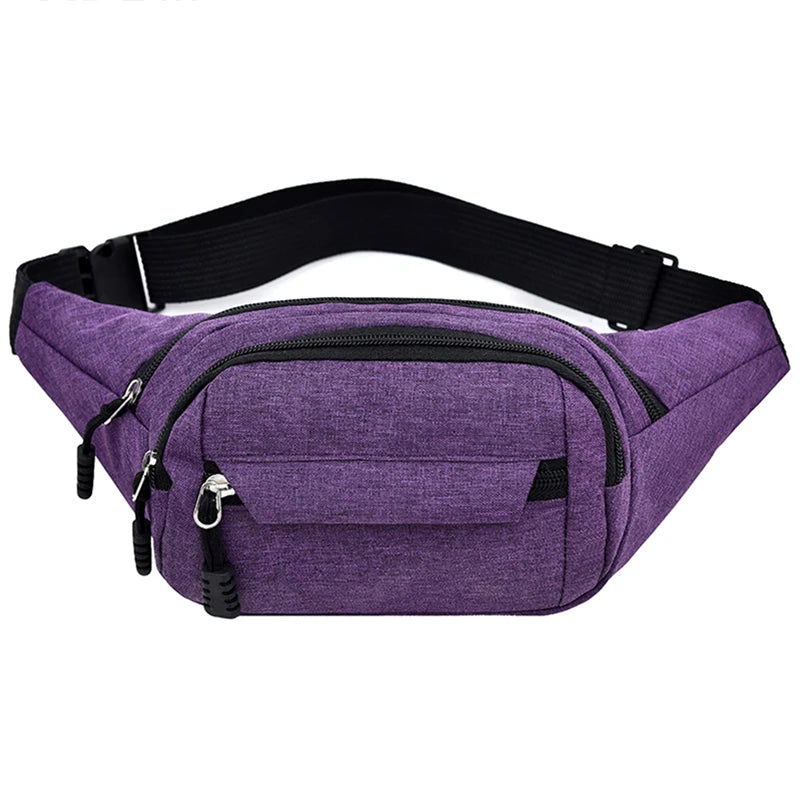 Purple canvas waist pack with adjustable strap and multiple pockets for travel or outdoor use