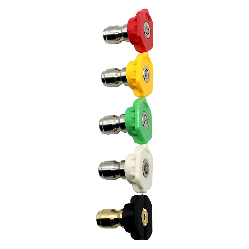 A set of five quick-connect pressure washer nozzles in red, yellow, green, white, and black.