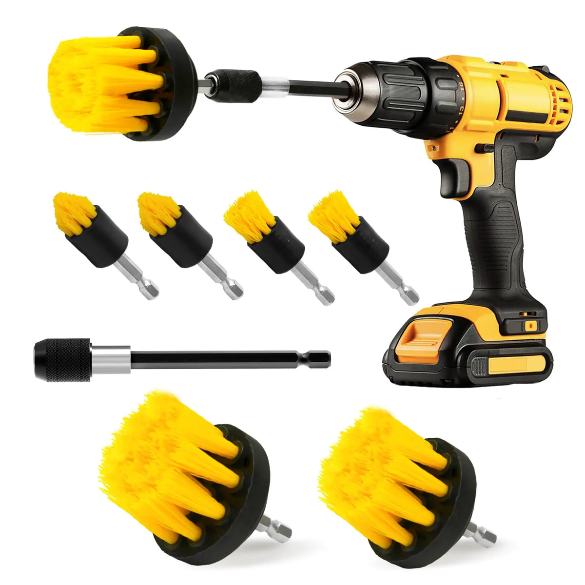 A set of yellow rotary cleaning brushes with extension shafts and a handheld power tool for drilling.