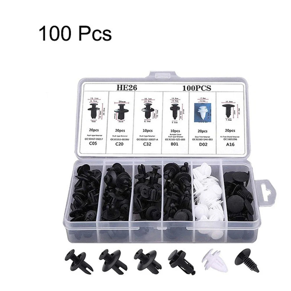A set of 100 pieces of various black and silver universal car bumper and trim fastener clips and installation tools.