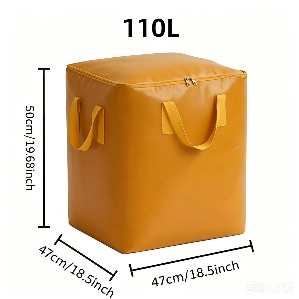A tan heavy-duty waterproof moving bag with reinforced handles shown from the top view.