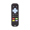 A black silicone teething remote with various buttons including navigation and function controls.