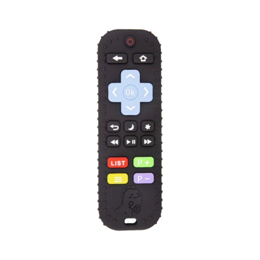 A black silicone teething remote with various buttons including navigation and function controls.