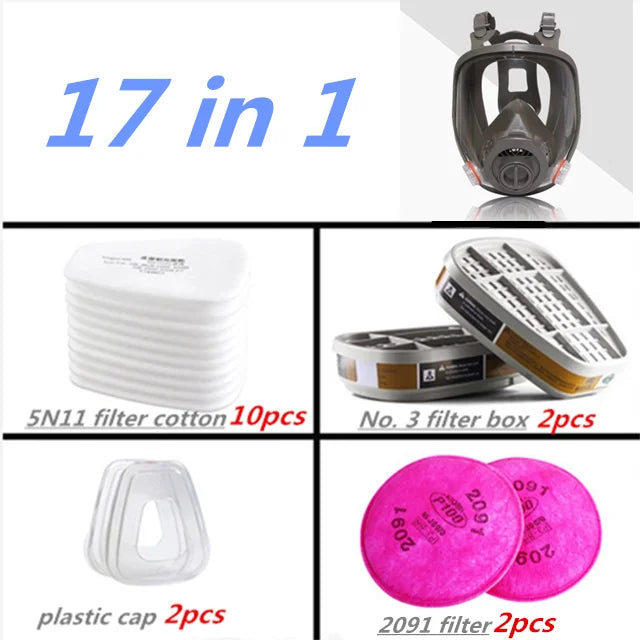 A set of 17 in 1 respiratory products including a full face respirator mask, filter cotton, plastic caps, and filters.