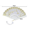 A white folding fan with a lace trim and golden edge, shown flat.
