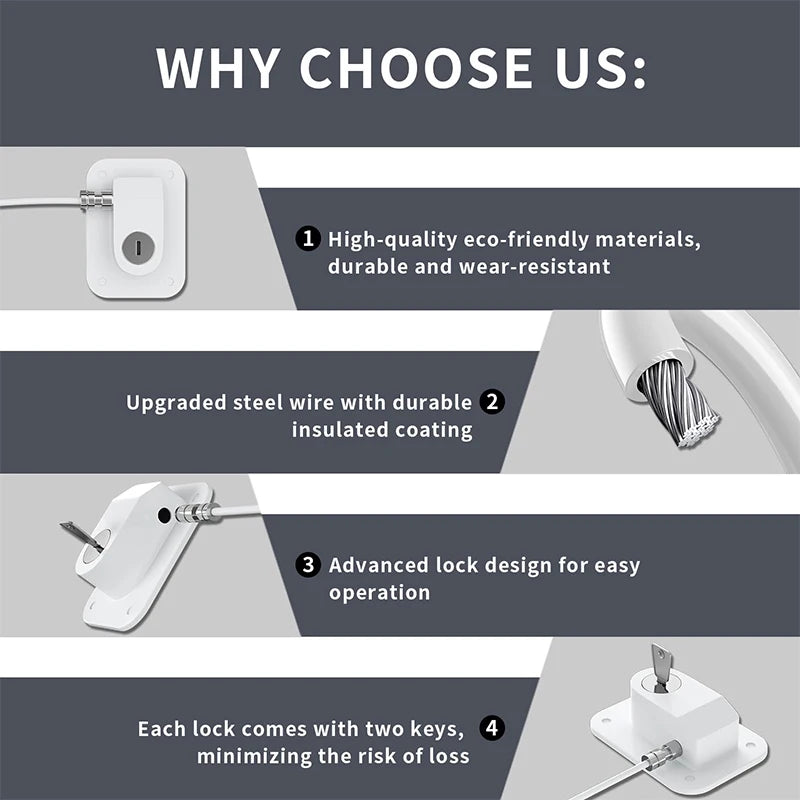 A graphic listing four features of a safety lock product, including eco-friendly materials, upgraded steel wire, advanced loc