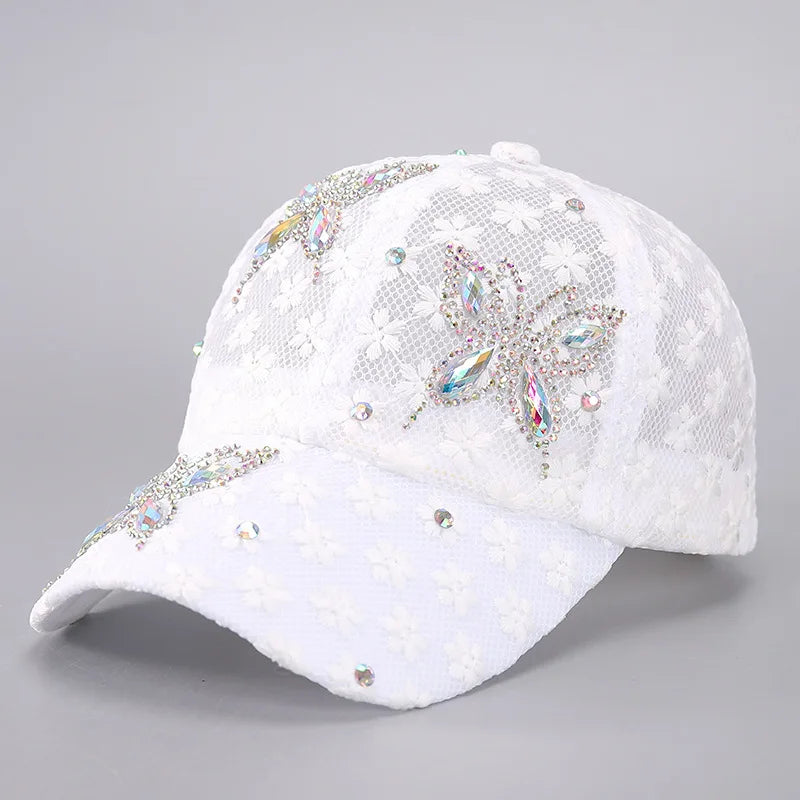 Lace Butterfly Snapback Cap with Rhinestone Accents