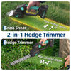 A hand operates a 2-in-1 hedge trimmer, showing its grass shear function and hedge trimmer function on green lawn and shrubs.