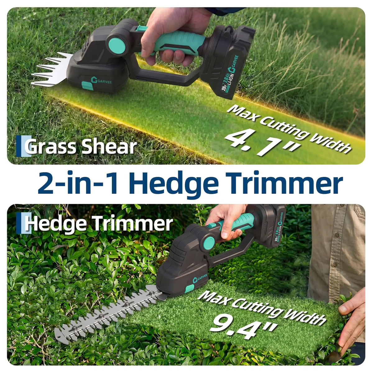 A hand operates a 2-in-1 hedge trimmer, showing its grass shear function and hedge trimmer function on green lawn and shrubs.