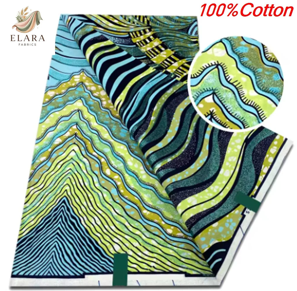 Close-up view of a vibrant green and blue striped cotton fabric with yellow accents