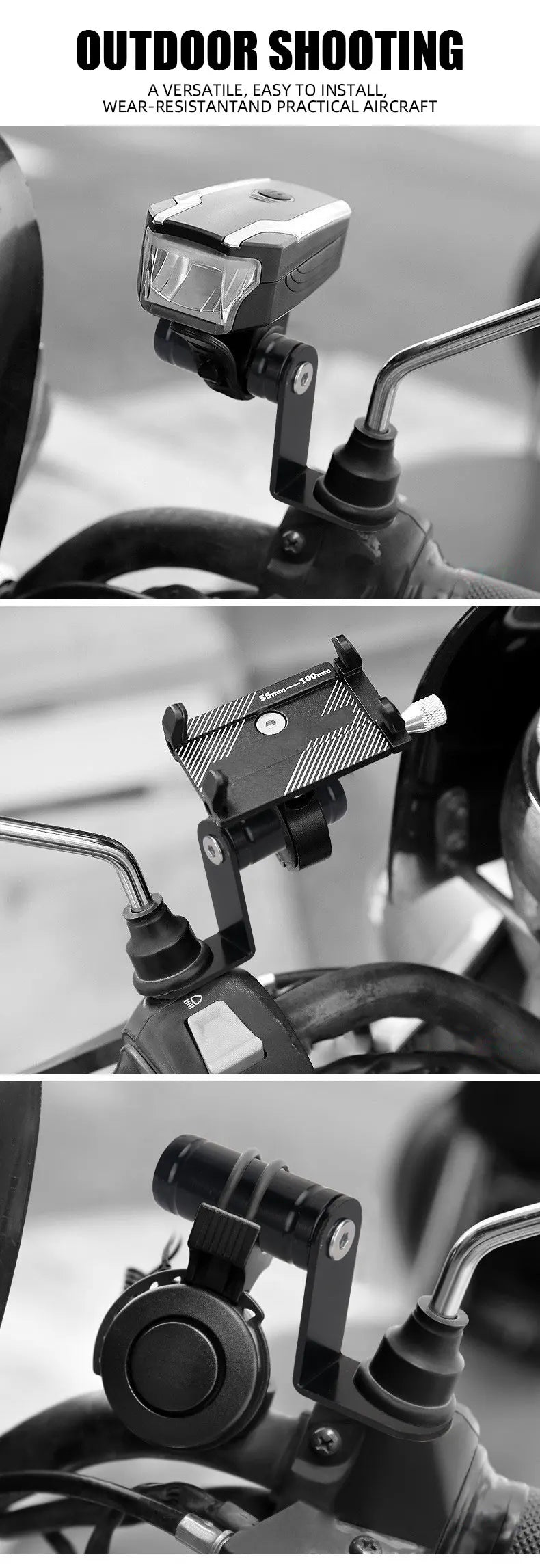 A versatile phone mount is installed on a motorcycle handlebar, designed for outdoor shooting.