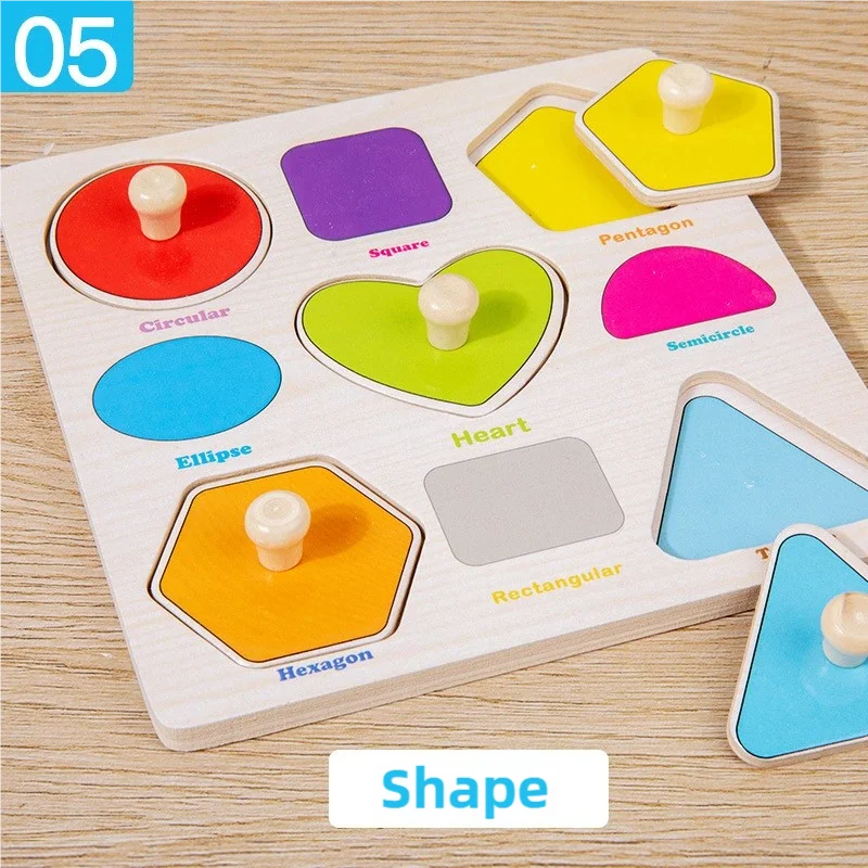 A wooden shape puzzle set featuring various geometric shapes like square, circle, heart, pentagon, and hexagon.