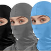 Three models wearing blue, gray, and black windproof full face balaclavas
