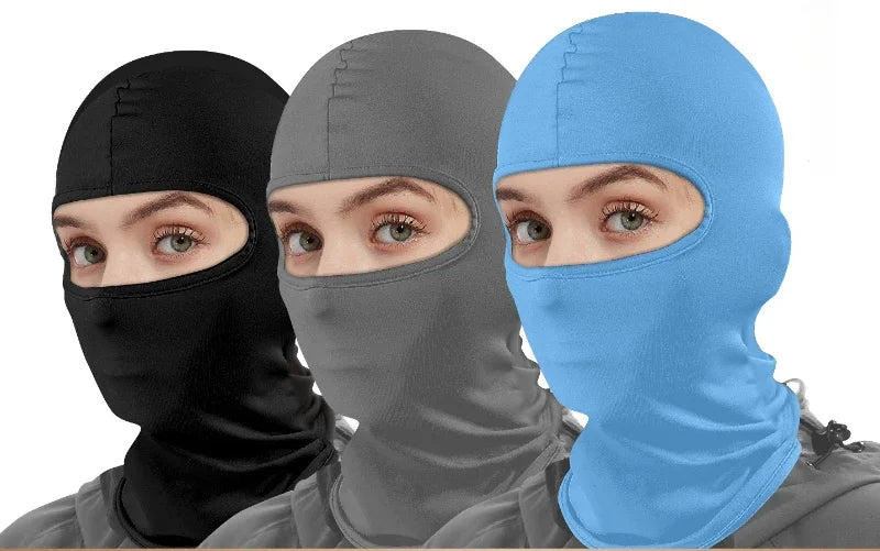 Three models wearing blue, gray, and black windproof full face balaclavas