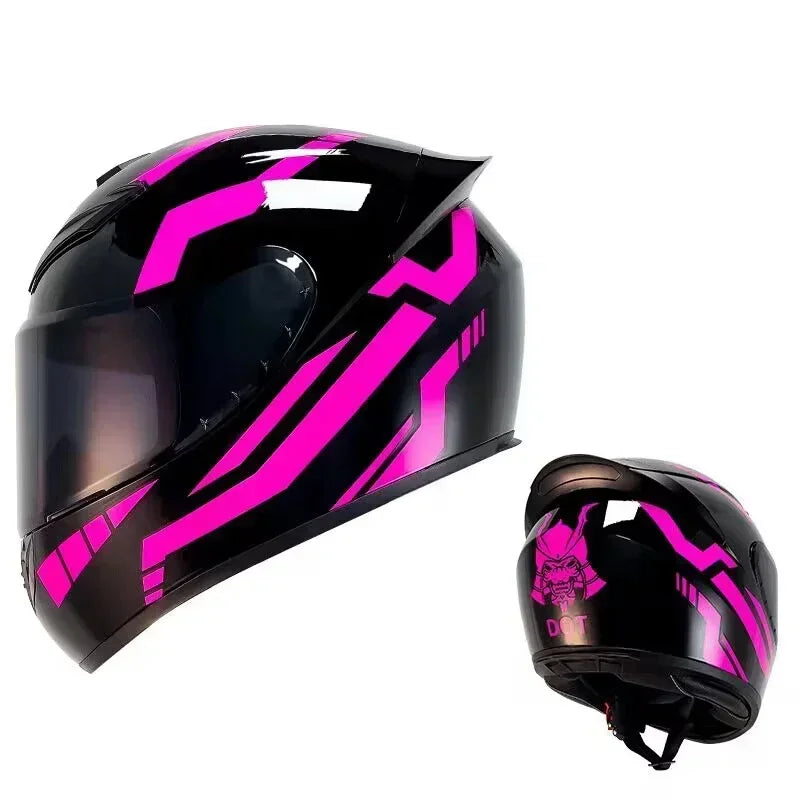A black full face motorcycle helmet with bright pink graphic stripes shown from the side.
